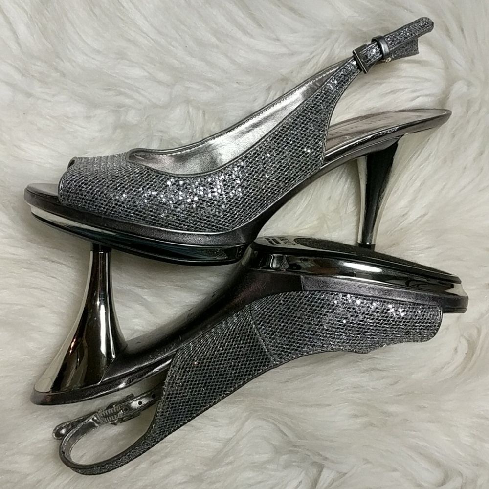 Nine West Silver Glitter Slingback Heels